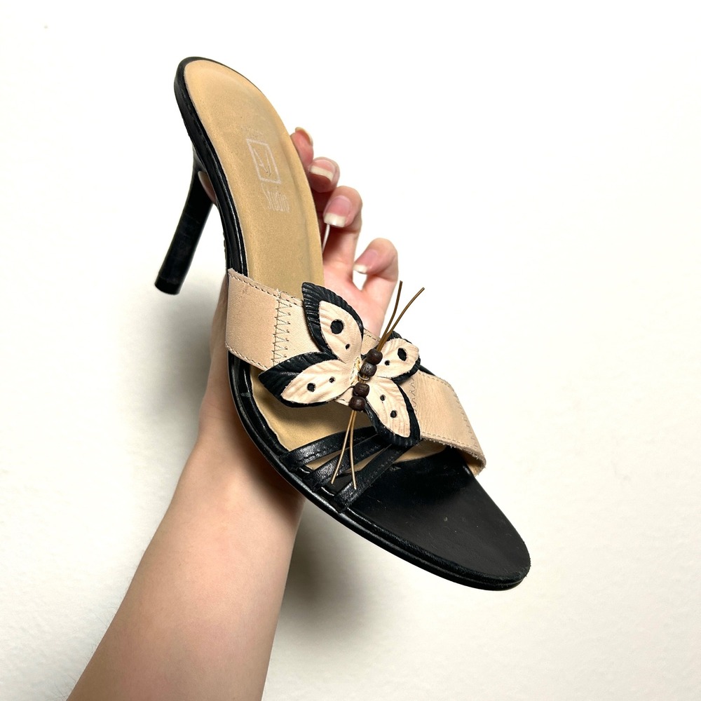 Andrew Geller Black Beige Leather Butterfly Y2K Stiletto Heel Sandals Womens 6